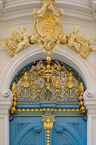 Vienna, Austria. Stunning blue carved door, 1800s Art Print